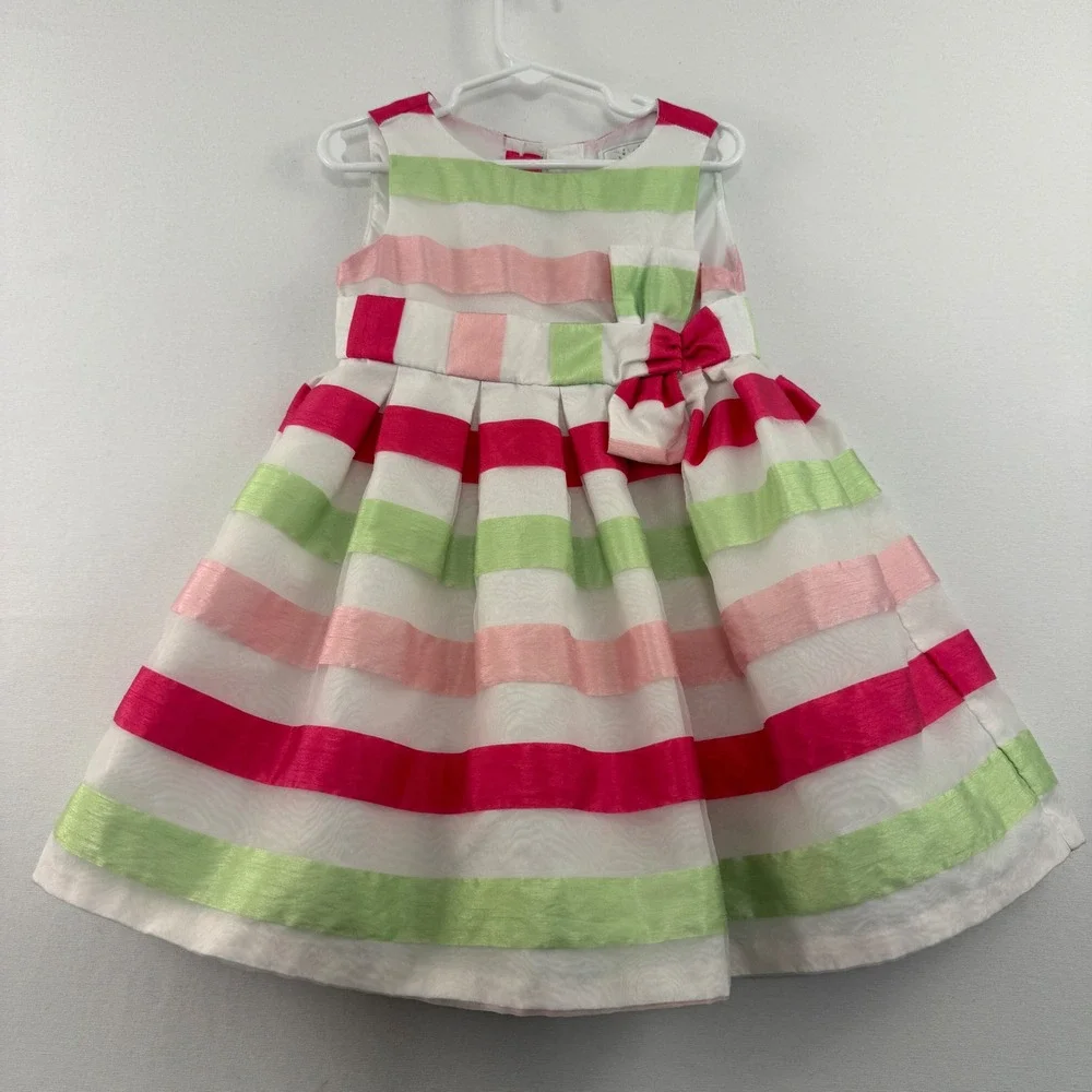 Gymboree‎ Dress 4T Girls Pink Green White Striped Bow Sleeveless Pleated